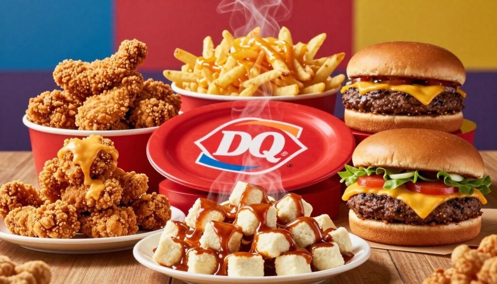 A beautifully arranged display of Dairy Queen's savory secret menu options, featuring a variety of mouthwatering items such as crispy chicken strips, loaded, cheesy fries, and a juicy flame-grilled cheeseburger topped with fresh condiments. In the foreground, a plate of delectable Chili Cheese Curds is showcased, accentuated by steam rising from the warm food. The middle layer reveals a glossy red DQ logo plate, creating a vivid backdrop with enticing menu items elegantly positioned around it. The background is softly blurred, with hints of vibrant Dairy Queen colors. The lighting is warm and inviting, capturing the delicious textures and colors of the food. The overall mood is inviting and appetizing, ideal for enticing readers to explore the savory options at Dairy Queen.