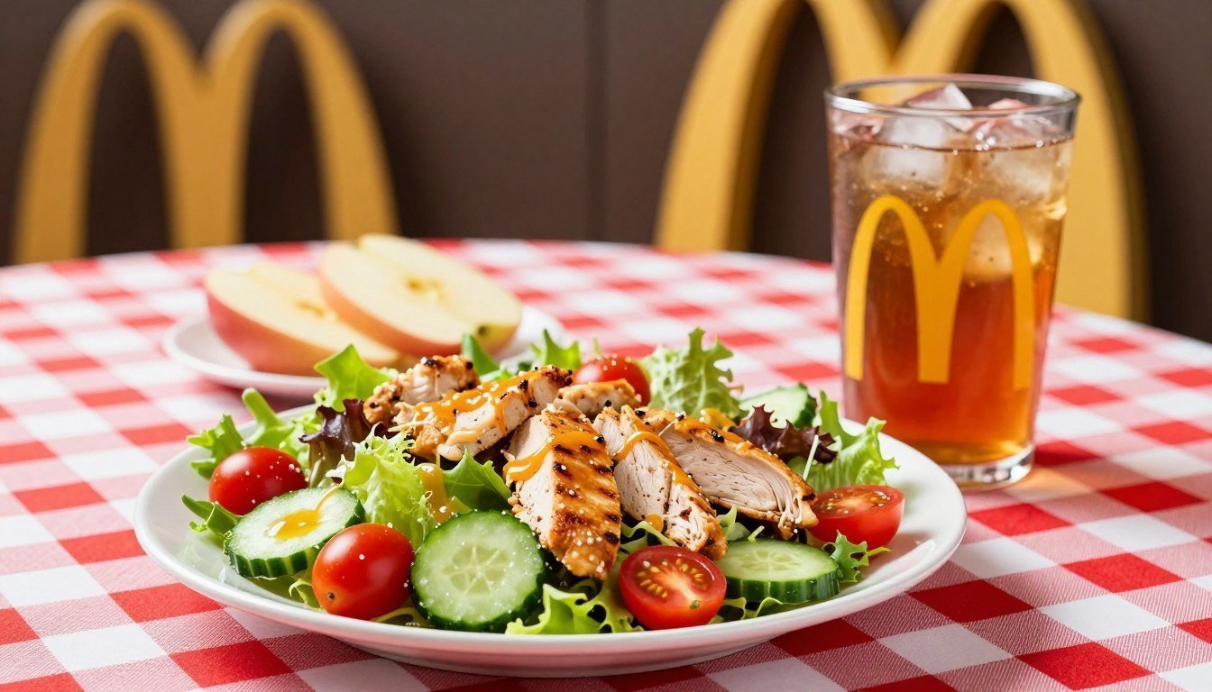 A beautifully presented McDonald's healthy meal featuring a vibrant salad made with fresh greens, cherry tomatoes, cucumbers, and grilled chicken strips, plated elegantly on a red-and-white checkered tablecloth. In the foreground, a sleek, modern salad bowl showcases the colorful ingredients, with a light vinaigrette drizzled on top. In the middle ground, a side of apple slices and a refreshing iced tea in a clear cup beside the bowl highlight the healthy beverage option. In the background, the familiar McDonald's golden arches are subtly visible, ensuring a connection to the brand without overwhelming the focus on health. The lighting is bright and inviting, giving a fresh, clean atmosphere. The image should evoke a sense of wellness and deliciousness, perfect for showcasing healthier choices in a fast-food context.
