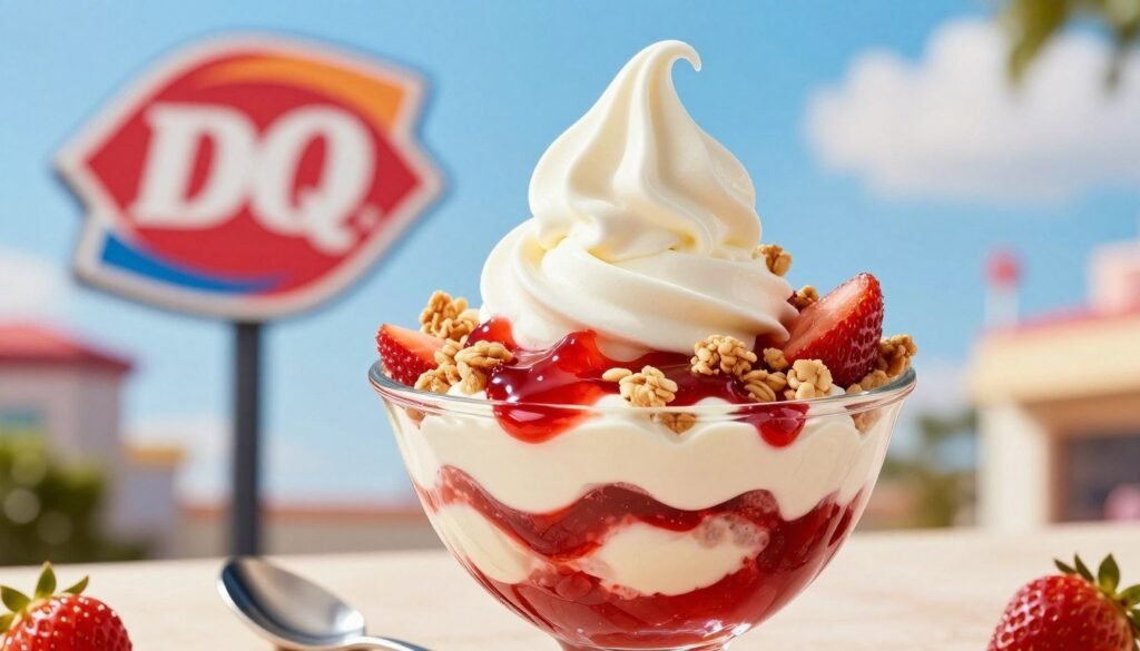 A delectable Dairy Queen parfait, elegantly layered with creamy vanilla soft serve, vibrant strawberry sauce, and crunchy granola, sits invitingly in a clear glass dish. The parfait's luscious texture glistens under a warm, soft light, enhancing the rich colors of the ingredients. In the foreground, a spoon rests beside the parfait, suggesting indulgence. The middle ground features a blurred Dairy Queen sign to subtly hint at its origin, while a bright and cheerful outdoor setting serves as the background, with a hint of blue sky and fluffy white clouds embodying a sunny day. The overall mood is joyful and enticing, inviting viewers to dive into this sweet treat. The composition is shot from a slightly elevated angle, creating a mouthwatering perspective.