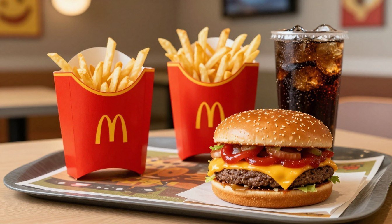 A perfectly arranged McDonald's meal featuring a classic combo special, highlighting a big juicy cheeseburger, golden crispy fries, and a refreshing soda. In the foreground, focus on the vibrant colors of the food: the bright red of the ketchup, the golden brown of the fries, and the shiny wrap of the burger. In the middle ground, place a McDonald's tray with a signature logo, stylishly set against a backdrop of a cozy restaurant interior, complete with playful decor and warm lighting. Use a slight angle to create depth, emphasizing the inviting atmosphere with soft, diffused lighting that enhances the appetizing appeal. The overall mood should feel cheerful and enticing, showcasing McDonald's delicious offers and savings in a lively setting.