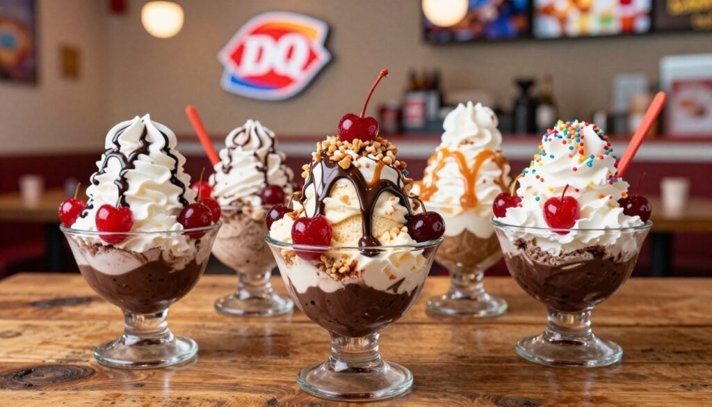 A tempting arrangement of classic Dairy Queen sundaes in the foreground featuring three rich layers of ice cream topped with glossy chocolate syrup, vibrant red cherries, and whipped cream in elegant glass bowls. Showcase one sundae with crushed nuts sprinkled on top, another with a generous drizzle of caramel, and the third adorned with colorful sprinkles. The middle ground includes a rustic wooden table surface, enhancing the homely food experience. In the background, a softly blurred Dairy Queen restaurant interior is visible, with warm lighting creating an inviting atmosphere. The scene is shot with a close-up angle using a shallow depth of field to emphasize the textures of the ice cream and toppings, evoking a sense of indulgence and nostalgia.