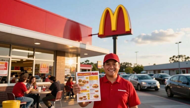 A vibrant McDonald's restaurant exterior during the golden hour, with warm sunlight streaming through the iconic red and yellow signage. In the foreground, a friendly employee in a neat red uniform is holding up a colorful printed menu featuring the Dollar Menu options, smiling at the viewer. The middle ground includes a view of the bustling drive-thru, with cars in line and customers enjoying their meals at outdoor tables. In the background, a clear blue sky and a few fluffy clouds enhance the inviting atmosphere. The lens captures a slightly upward angle, giving the scene a lively, welcoming mood, showcasing the popular fast-food spot as a go-to for affordable meals. The overall lighting is soft and cheerful, emphasizing a sense of community and accessibility.