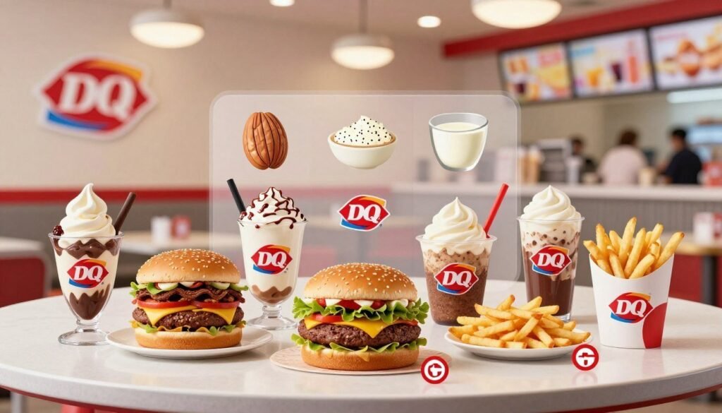 A visually appealing table setting featuring an array of Dairy Queen seasonal menu items, artistically arranged to highlight food allergies. In the foreground, display a colorful selection of iconic Dairy Queen items such as ice cream sundaes, burgers, and fries, with allergy indicators next to each dish. In the middle, a transparent overlay subtly shows allergen symbols—like nuts, gluten, and dairy—above the dishes. The background should depict a clean, inviting Dairy Queen restaurant interior, with soft lighting creating a warm atmosphere. Use a wide-angle lens to capture the entire scene while ensuring all elements are in focus. The mood is informative yet inviting, aimed at reassuring customers about safe dining options.
