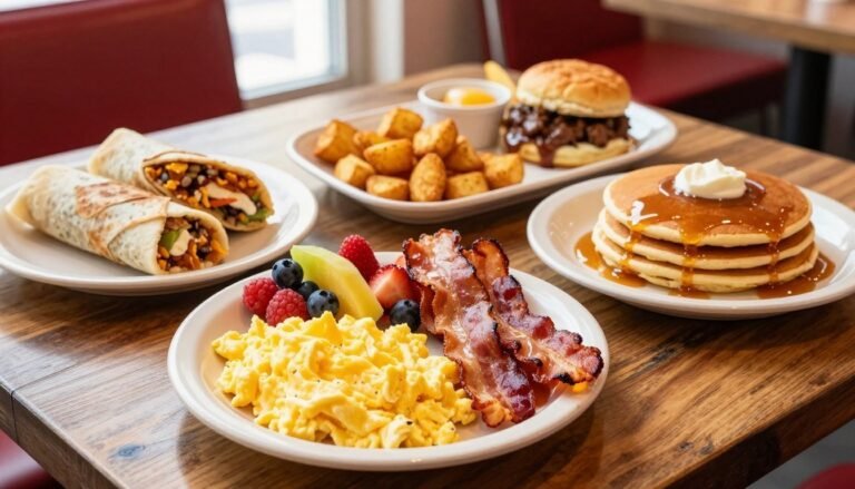 A top-down view of a variety of Dairy Queen breakfast platters arranged on a rustic wooden table. The foreground features a colorful plate with scrambled eggs, crispy bacon, fluffy pancakes drizzled with syrup, and a side of fresh fruit. In the middle, other platters display a breakfast burrito, hash browns, and a hearty biscuit with sausage gravy. The background has a soft-focus diner setting, with warm morning light streaming through a window, creating a cozy atmosphere. The scene captures the inviting essence of a breakfast feast, highlighting the delicious variety and vibrant colors of the food. The image is bright, with a shallow depth of field, emphasizing the appetizing textures and details of the dishes.