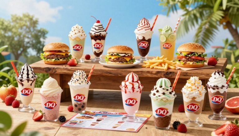 A vibrant Dairy Queen summer menu display featuring a variety of regional specialties. In the foreground, showcase an array of colorful ice cream sundaes, blizzards, and specialty treats unique to different regions, each with distinct toppings and flavors. In the middle, include a rustic wooden table adorned with fresh summer fruits and a few Dairy Queen menu items like burgers and fries, capturing the essence of summer dining. The background should feature a sunny outdoor setting, with bright blue skies and lush green trees, evoking a warm, inviting atmosphere. Use soft, natural lighting to enhance the vivid colors of the food, shot at a slight angle to create depth, making it feel lively and appealing, perfect for highlighting Dairy Queen's mouthwatering summer offerings.