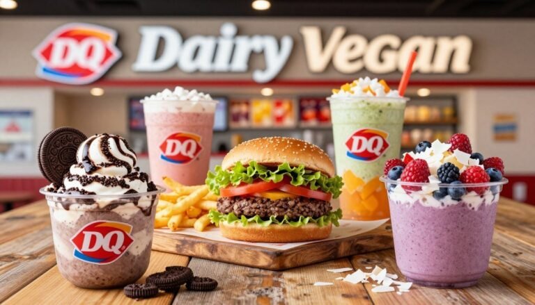 A vibrant and appetizing display of Dairy Queen's vegan menu options, set on a rustic wooden table. In the foreground, showcase tantalizing vegan treats like a rich Oreo Blizzard, a refreshing fruit shake, and a colorful smoothie bowl adorned with fresh berries and coconut flakes. In the middle, include a delicious vegan burger, topped with crisp lettuce and tomato, alongside golden fries. The background features a cheerful Dairy Queen store ambiance, with soft lighting that enhances the warmth of the setting. Use a shallow depth of field to keep the focus on the food, while gently blurring the store signage. Capture the scene from a slightly elevated angle to provide a dynamic perspective, evoking an inviting and friendly atmosphere.