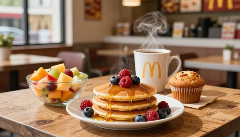 A visually appealing display of gluten-free breakfast options inspired by McDonald's, centered on a rustic wooden table. In the foreground, a vibrant plate features a fluffy gluten-free pancake stack, drizzled with maple syrup and topped with fresh berries. Next to it, a bowl of fruit salad brimming with colorful, diced seasonal fruits provides a fresh contrast. In the middle ground, a steaming cup of coffee emits wisps of steam, alongside a glazed gluten-free muffin. The background showcases a cozy and inviting McDonald’s restaurant interior, filled with warm, natural lighting filtering through large windows. The overall atmosphere is cheerful and appetizing, inviting viewers to indulge in delicious gluten-free breakfast choices.
